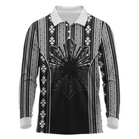 Mabuhay Philippines Festival Long Sleeve Polo Shirt Filipino Map Black White Igorot Pattern LT14 Black - Polynesian Pride