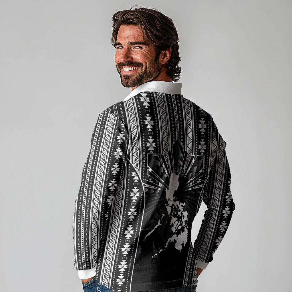 Mabuhay Philippines Festival Long Sleeve Polo Shirt Filipino Map Black White Igorot Pattern LT14 - Polynesian Pride