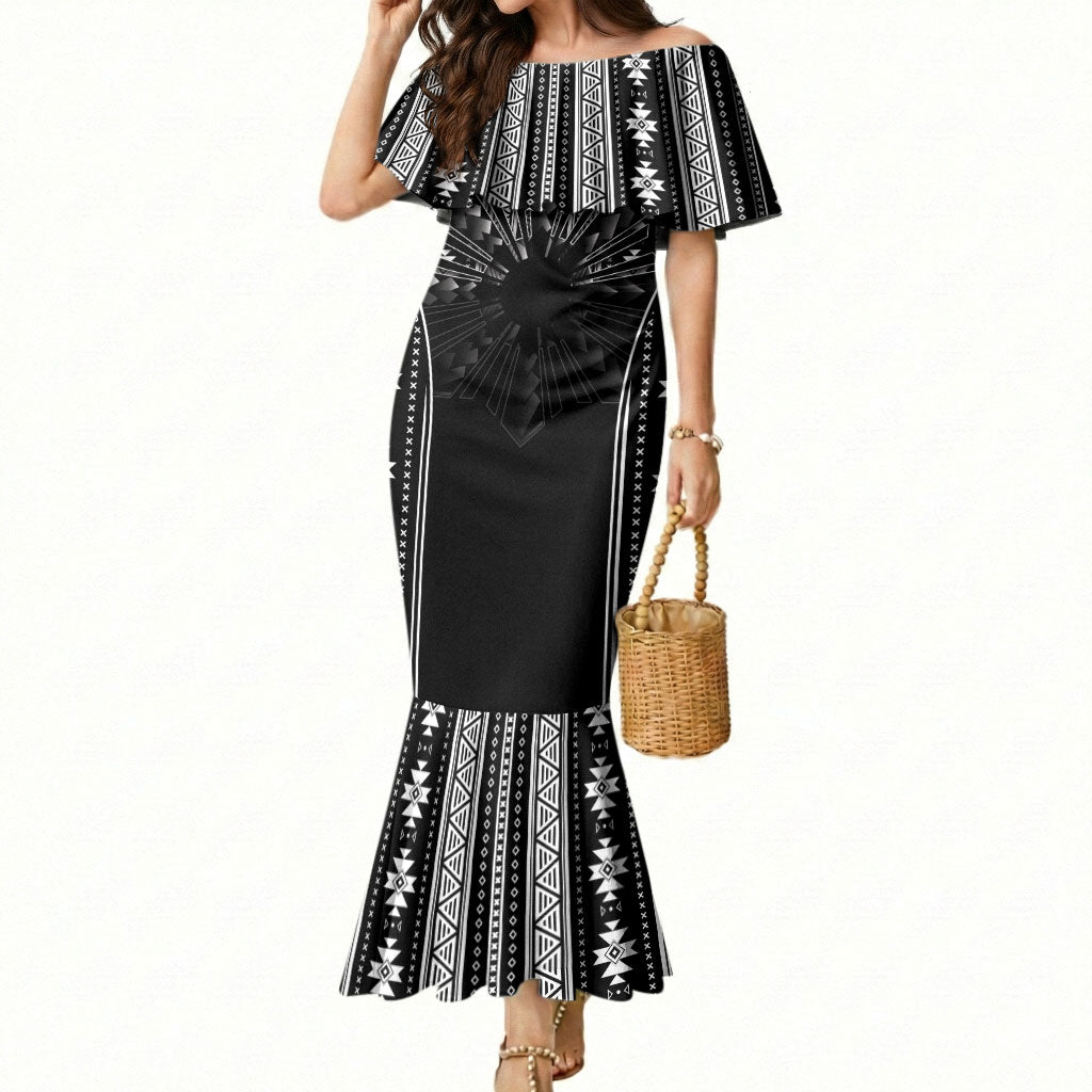 Mabuhay Philippines Festival Mermaid Dress Filipino Map Black White Igorot Pattern LT14 Women Black - Polynesian Pride