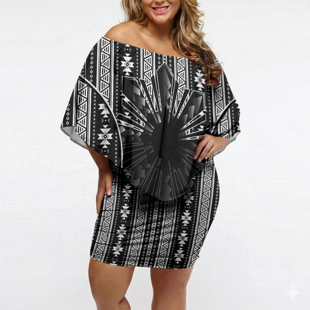 Mabuhay Philippines Festival Off Shoulder Short Dress Filipino Map Black White Igorot Pattern LT14 Women Black - Polynesian Pride