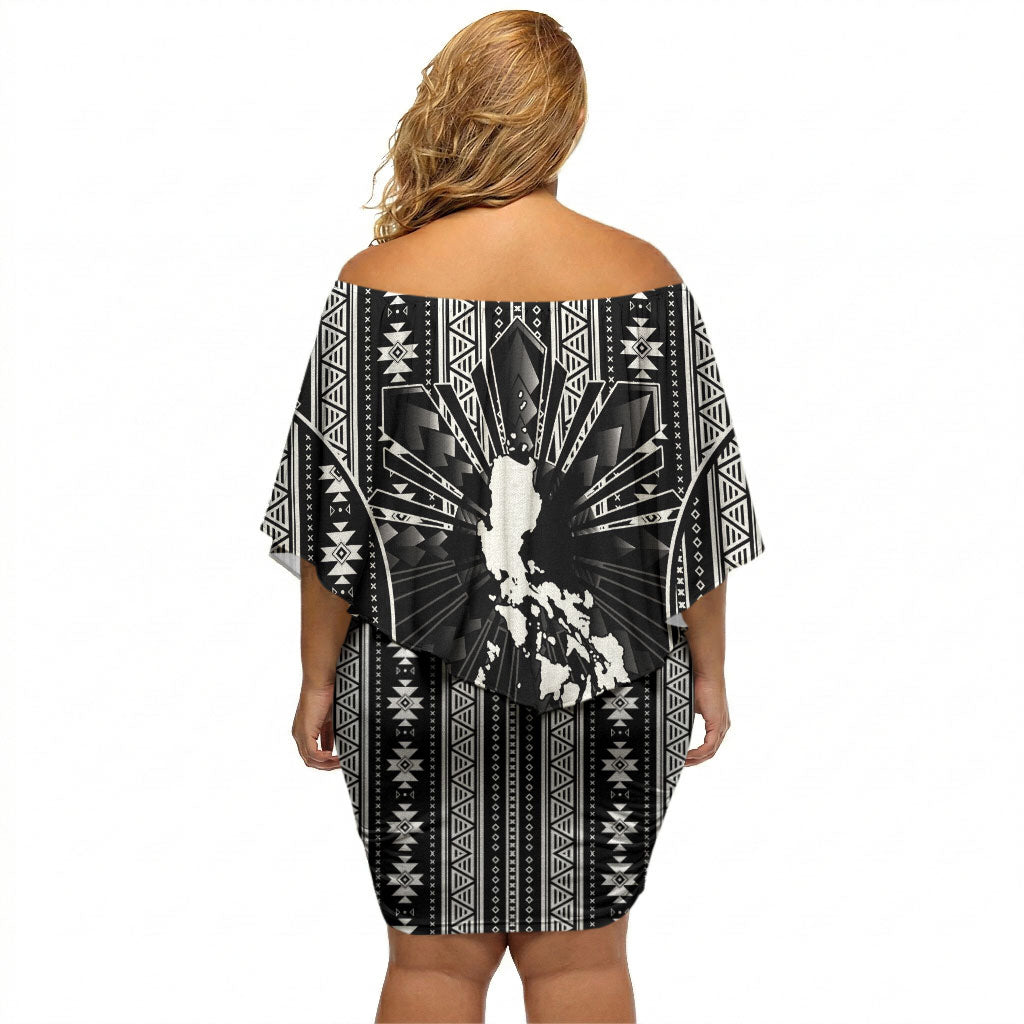 Mabuhay Philippines Festival Off Shoulder Short Dress Filipino Map Black White Igorot Pattern LT14 - Polynesian Pride