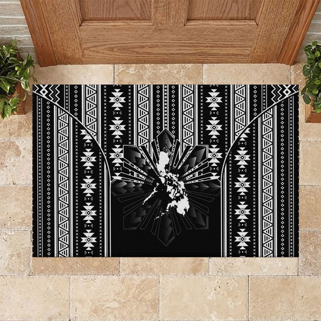 Mabuhay Philippines Festival Rubber Doormat Filipino Map Black White Igorot Pattern LT14 Black - Polynesian Pride