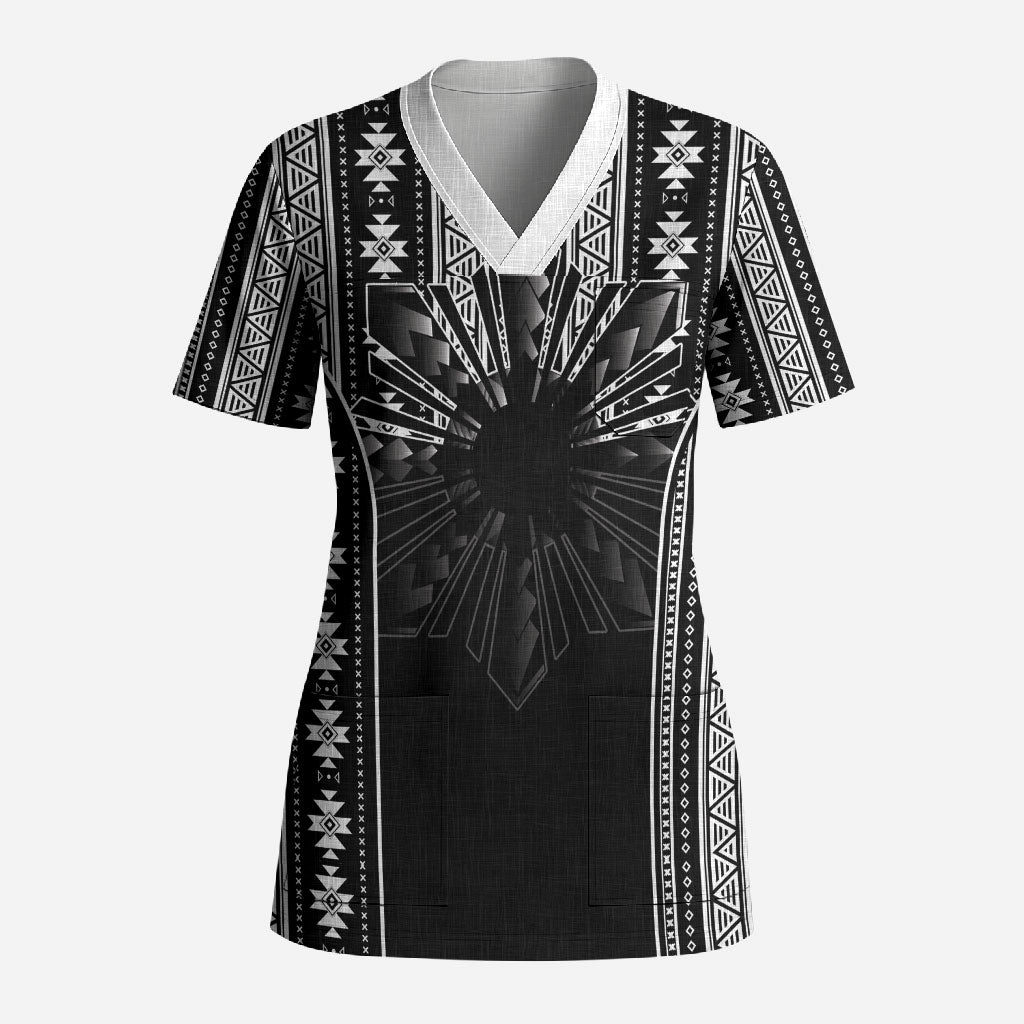 Mabuhay Philippines Festival Scrub Top Filipino Map Black White Igorot Pattern LT14 Adult Black - Polynesian Pride