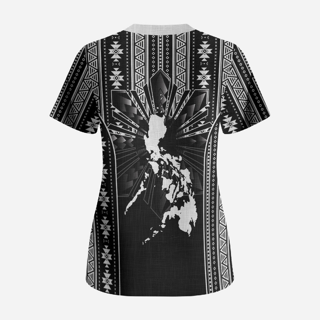 Mabuhay Philippines Festival Scrub Top Filipino Map Black White Igorot Pattern LT14 - Polynesian Pride