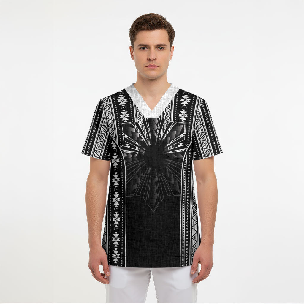 Mabuhay Philippines Festival Scrub Top Filipino Map Black White Igorot Pattern LT14 - Polynesian Pride