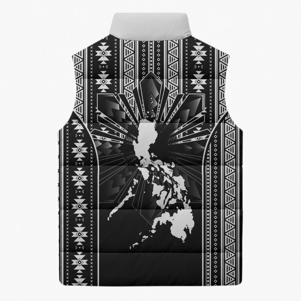 Mabuhay Philippines Festival Sleeveless Puffer Jacket Filipino Map Black White Igorot Pattern LT14 - Polynesian Pride