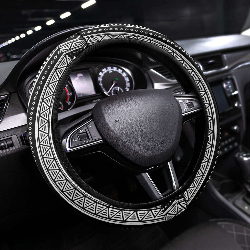 Mabuhay Philippines Festival Steering Wheel Cover Filipino Map Black White Igorot Pattern LT14 Universal Fit Black - Polynesian Pride