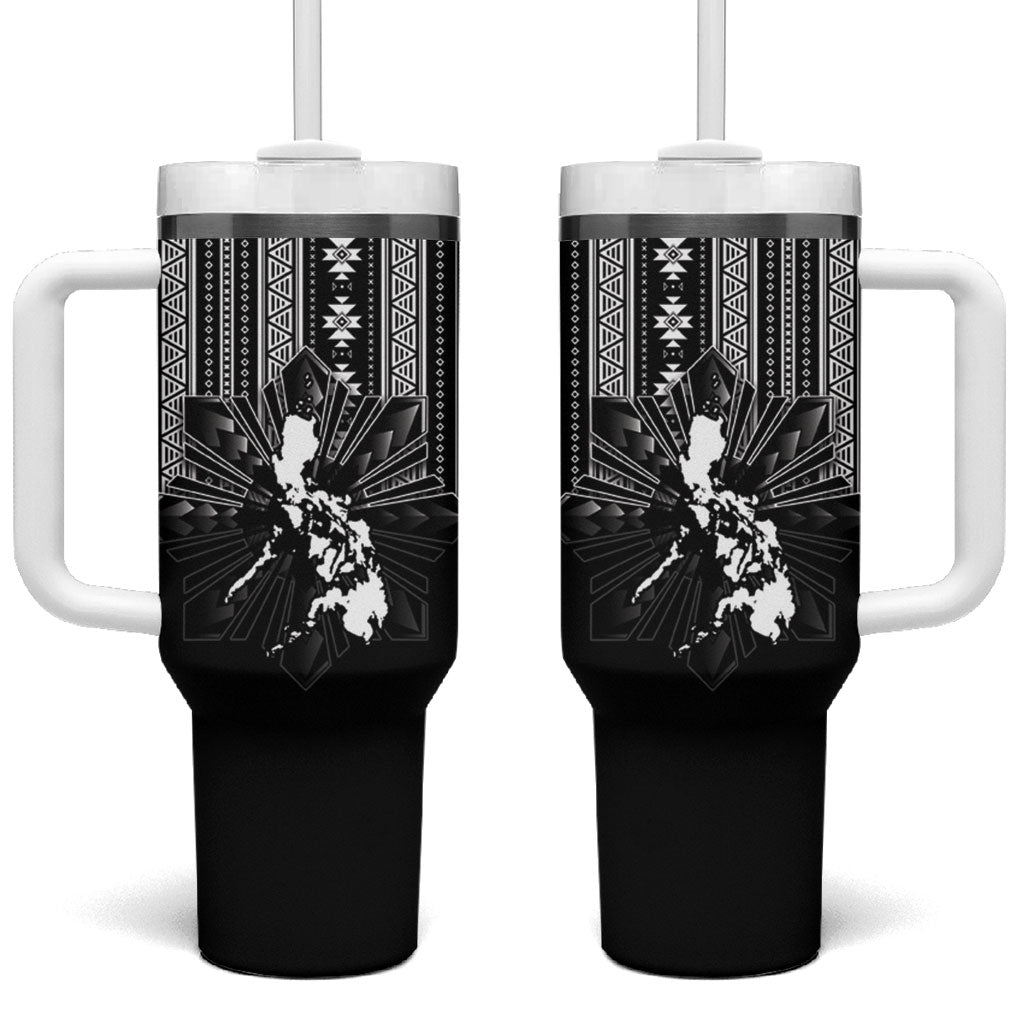 Mabuhay Philippines Festival Tumbler With Handle Filipino Map Black White Igorot Pattern LT14 One Size: 40 oz Black - Polynesian Pride
