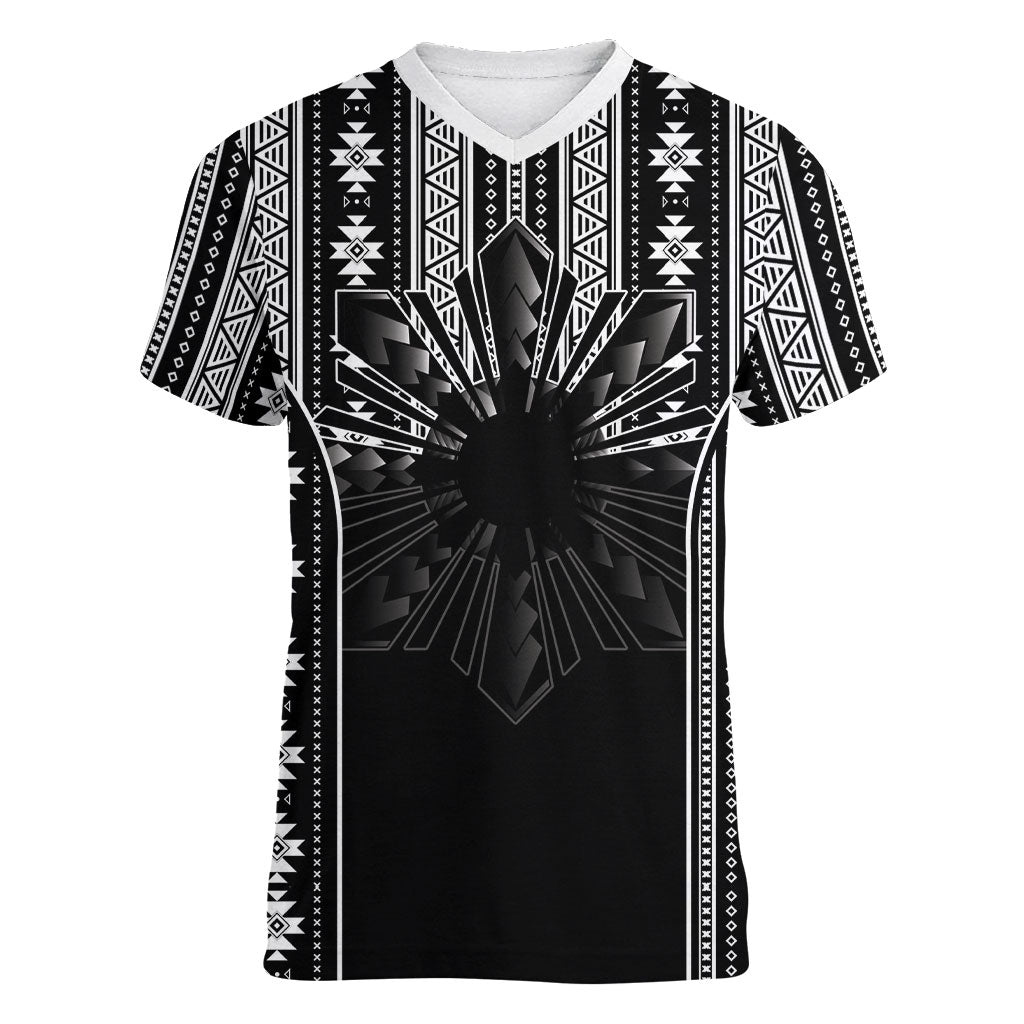 Mabuhay Philippines Festival Women V-Neck T-Shirt Filipino Map Black White Igorot Pattern LT14 Female Black - Polynesian Pride