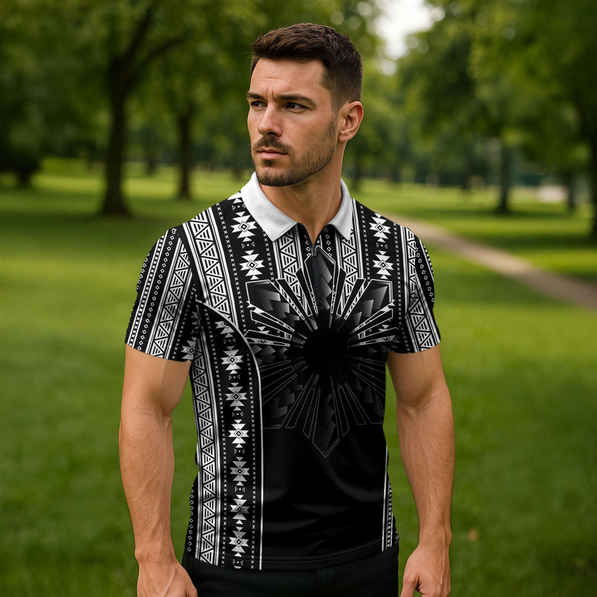 Mabuhay Philippines Festival Zipper Polo Shirt Filipino Map Black White Igorot Pattern LT14 - Polynesian Pride