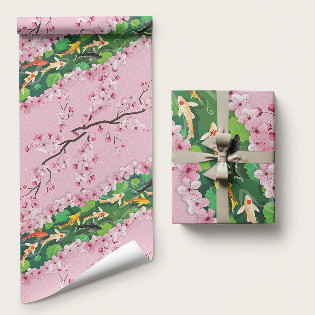 Koi Fish Sakura Japan Wrapping Paper Eternal Flow Cherry Blossom Seigaiha Pattern LT14 58" × 23" Pink - Polynesian Pride