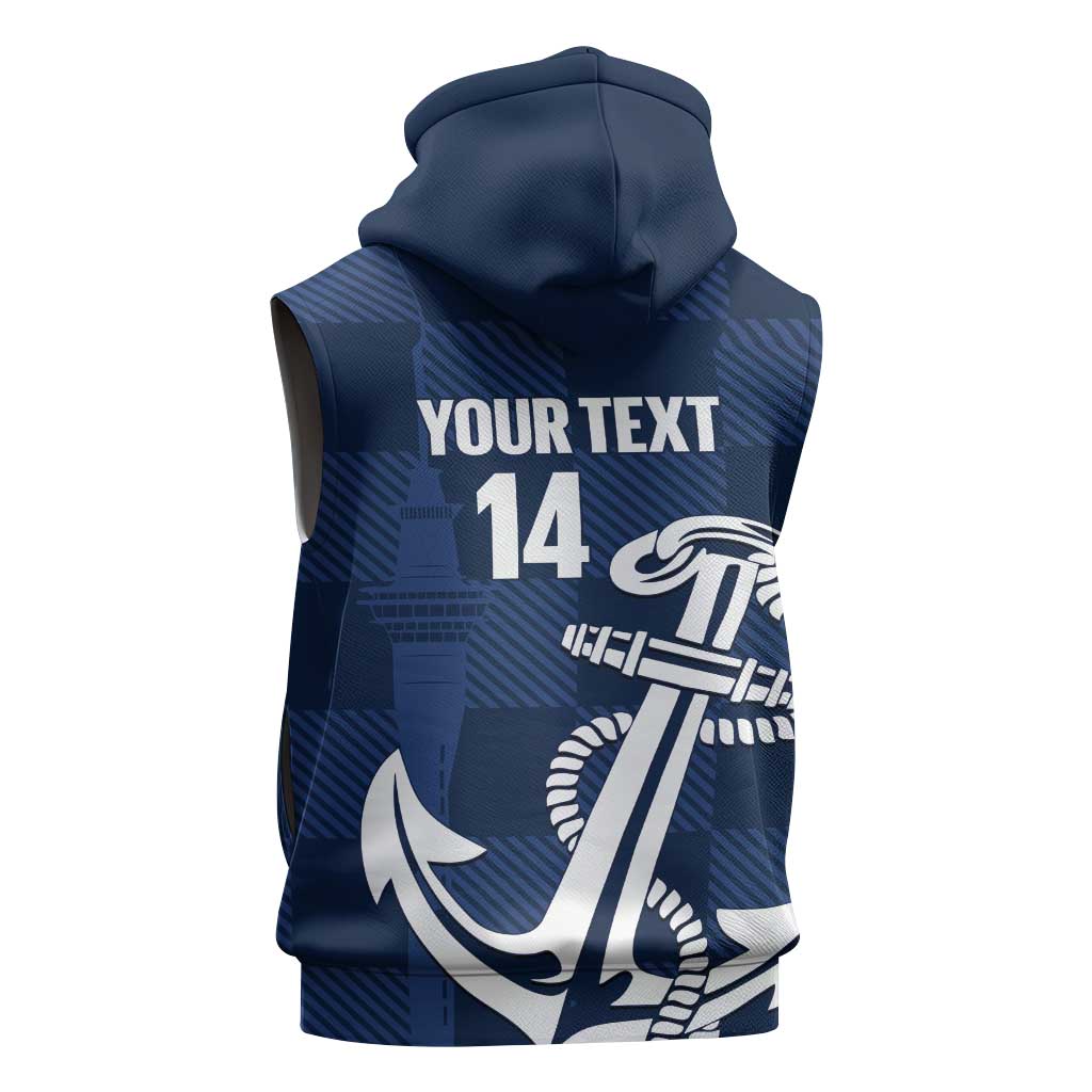 New Zealand Auckland Football Custom Sleeveless Hoodie Navy Blue City Anchor Sky Tower Symbol - Polynesian Pride