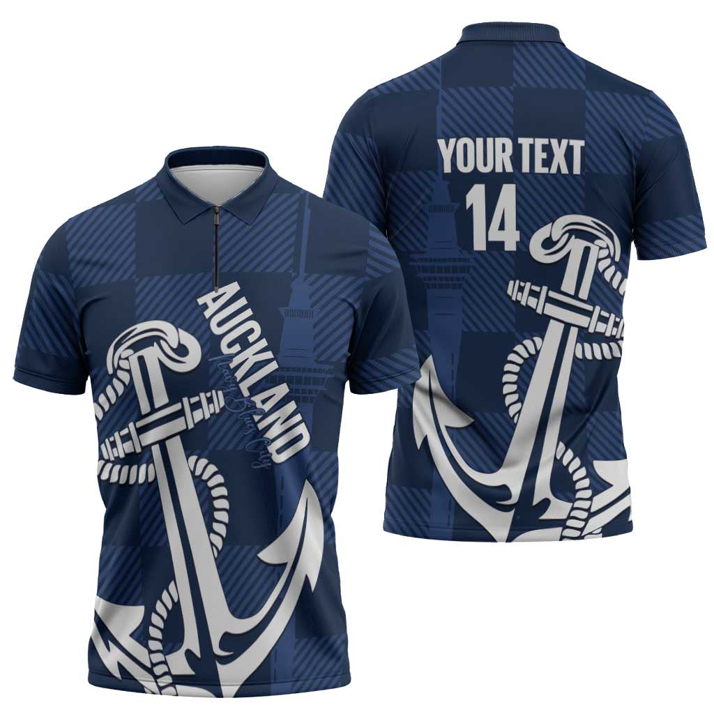 New Zealand Auckland Football Custom Zipper Polo Shirt Navy Blue City Anchor Sky Tower Symbol - Polynesian Pride