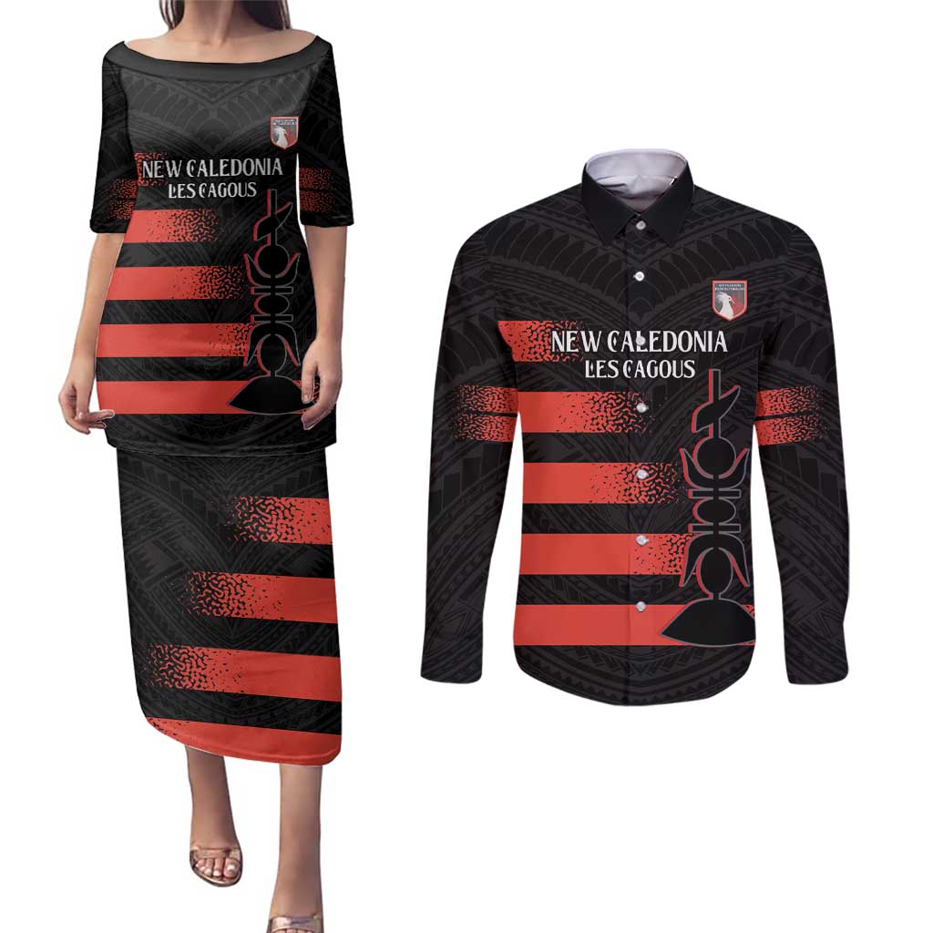 Custom New Caledonia Football Couples Matching Puletasi and Long Sleeve Button Shirt Allez Les Cagous Polynesian Pattern LT14 Black - Polynesian Pride