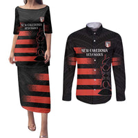 Custom New Caledonia Football Couples Matching Puletasi and Long Sleeve Button Shirt Allez Les Cagous Polynesian Pattern LT14 Black - Polynesian Pride