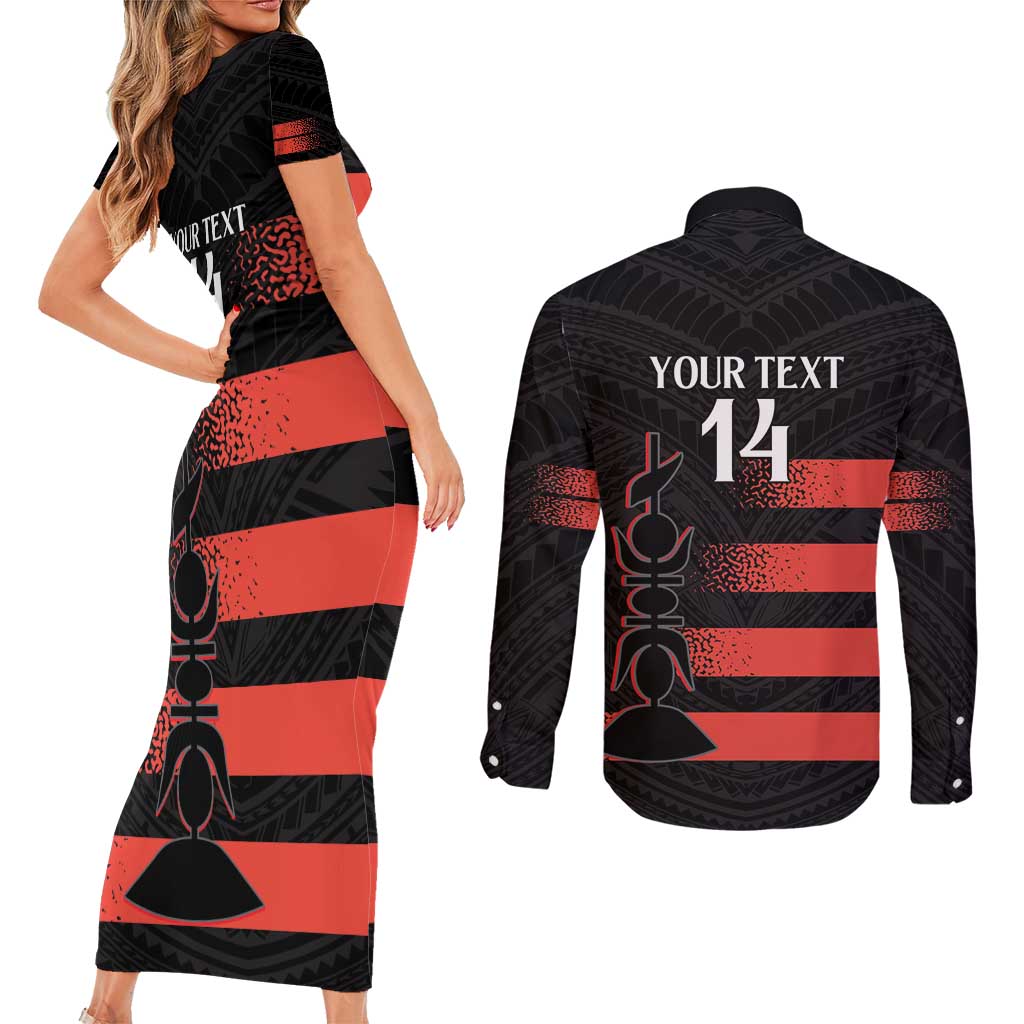 Custom New Caledonia Football Couples Matching Short Sleeve Bodycon Dress and Long Sleeve Button Shirt Allez Les Cagous Polynesian Pattern