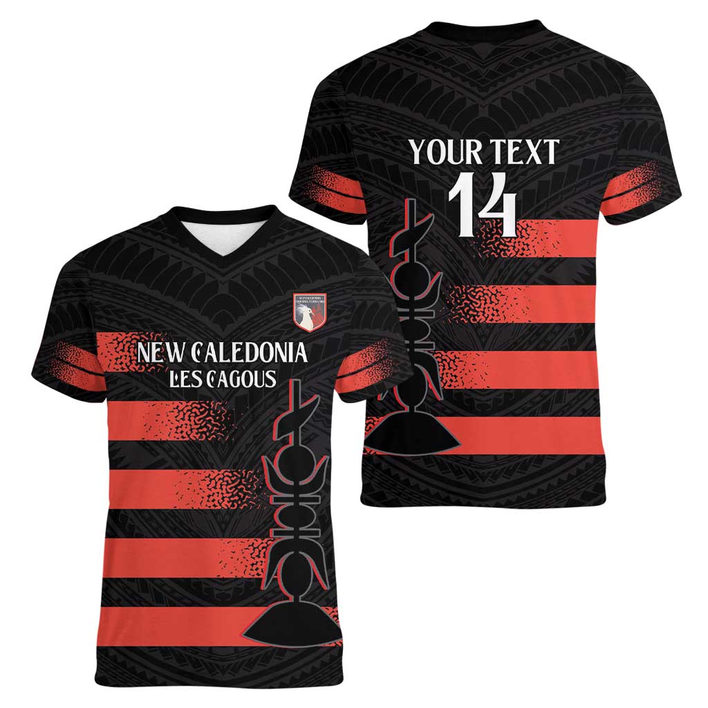 Custom New Caledonia Football Women V-Neck T-Shirt Allez Les Cagous Polynesian Pattern
