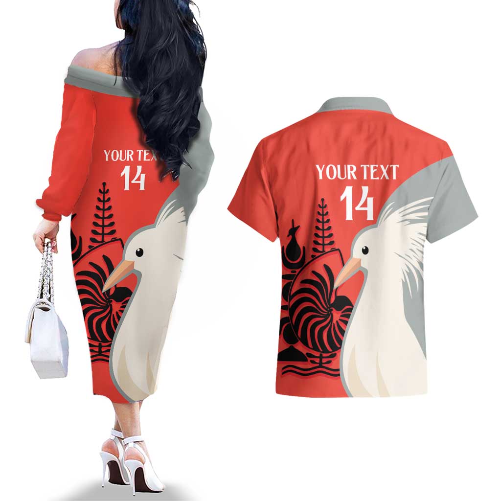 Custom Nouvelle-Caledonie Football Couples Matching Off The Shoulder Long Sleeve Dress and Hawaiian Shirt Allez Les Cagous Simple Style