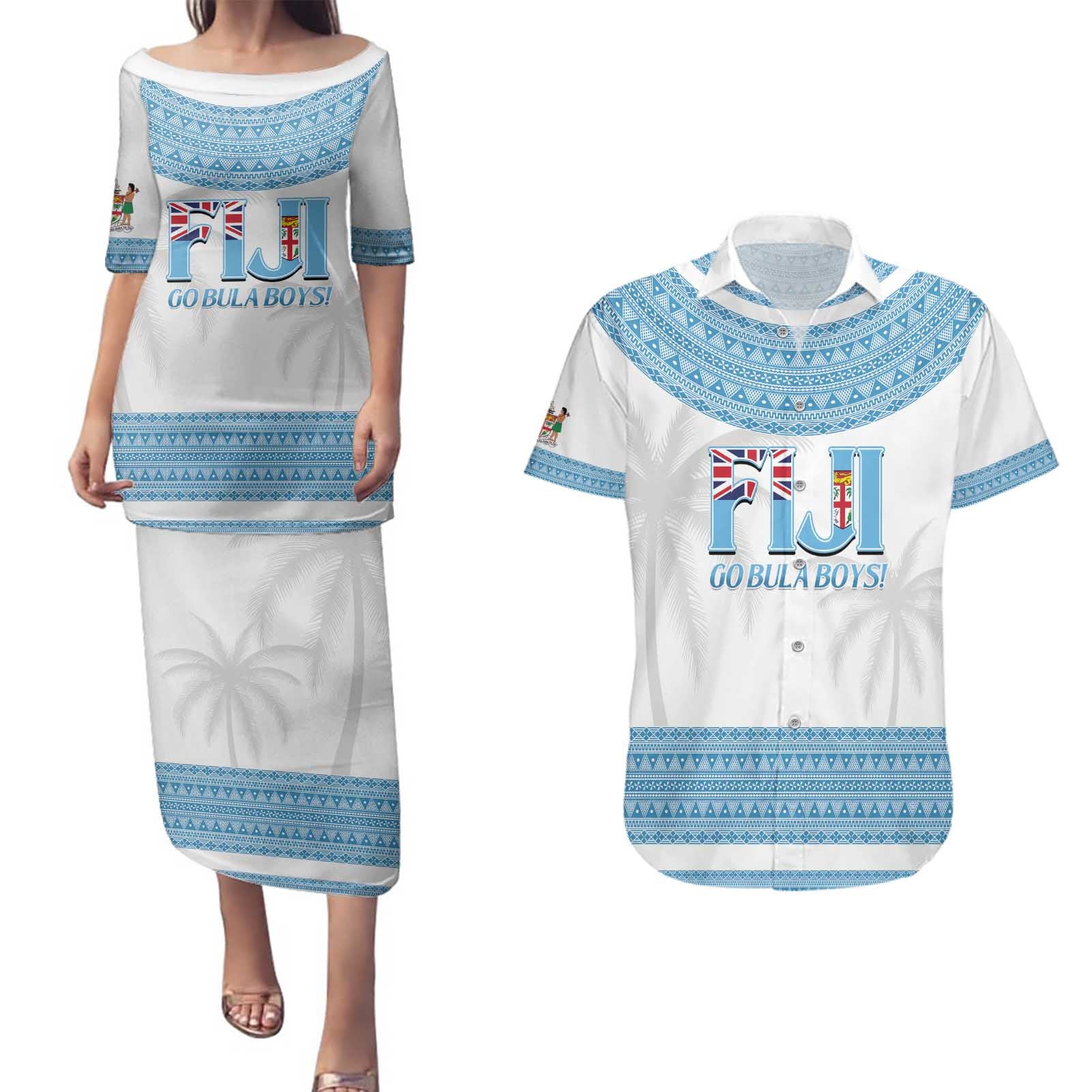 Custom Fiji Tapa Football Couples Matching Puletasi and Hawaiian Shirt Go Bula Boy!