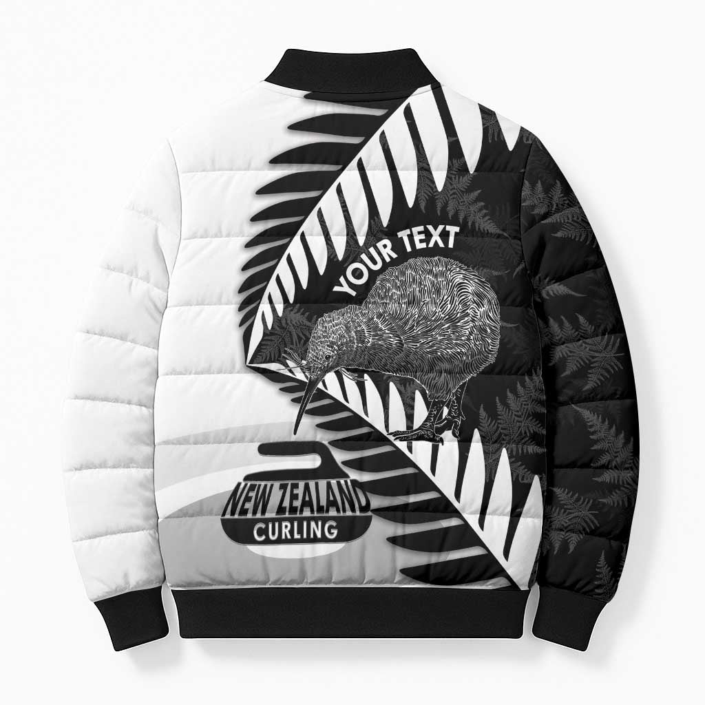 New Zealand Silver Fern Curling Personalised Bomber Puffer Jacket Aotearoa Kiwi Ponga Black White Version - Polynesian Pride