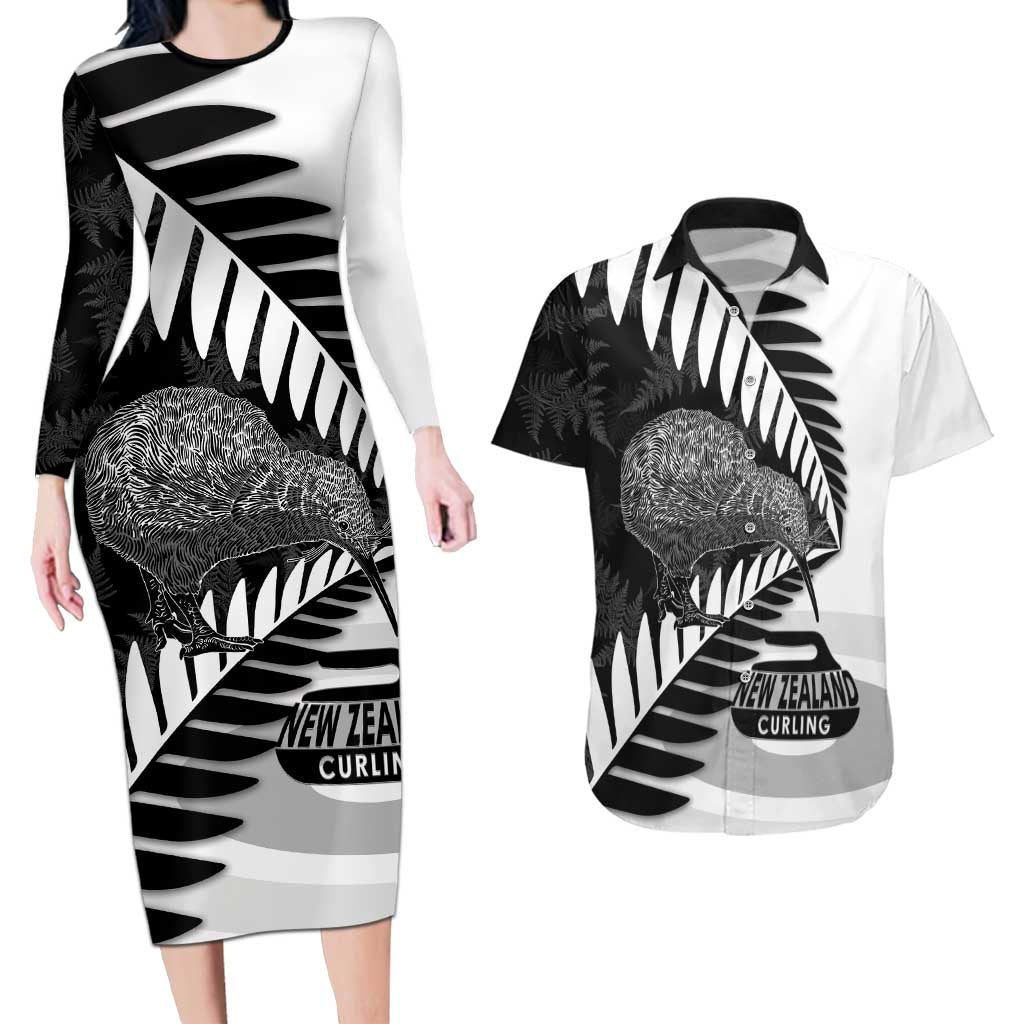 New Zealand Silver Fern Curling Personalised Couples Matching Long Sleeve Bodycon Dress and Hawaiian Shirt Aotearoa Kiwi Ponga Black White Version - Polynesian Pride