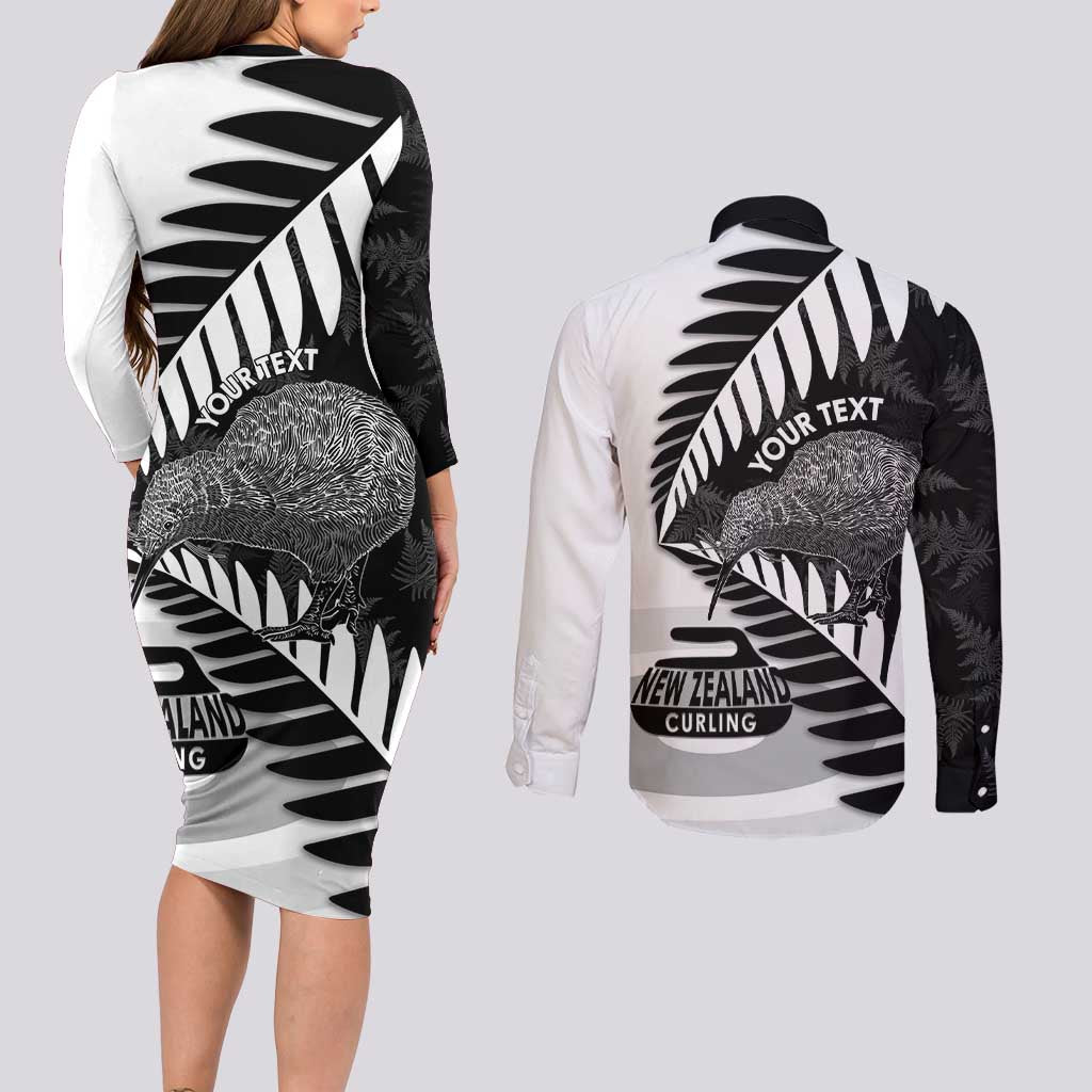 New Zealand Silver Fern Curling Personalised Couples Matching Long Sleeve Bodycon Dress and Long Sleeve Button Shirt Aotearoa Kiwi Ponga Black White Version - Polynesian Pride