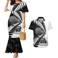 New Zealand Silver Fern Curling Personalised Couples Matching Mermaid Dress and Hawaiian Shirt Aotearoa Kiwi Ponga Black White Version LT14 Black - Polynesian Pride