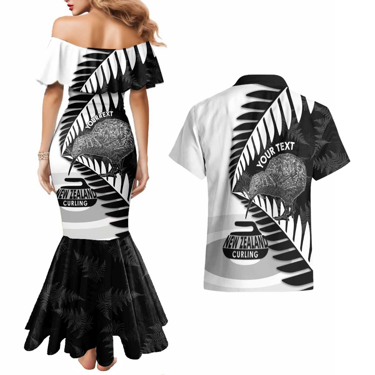 New Zealand Silver Fern Curling Personalised Couples Matching Mermaid Dress and Hawaiian Shirt Aotearoa Kiwi Ponga Black White Version LT14 - Polynesian Pride