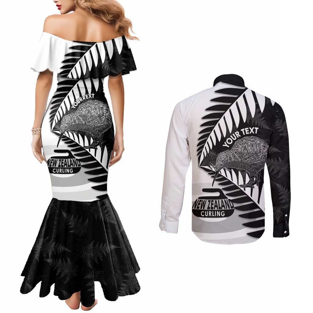 New Zealand Silver Fern Curling Personalised Couples Matching Mermaid Dress and Long Sleeve Button Shirt Aotearoa Kiwi Ponga Black White Version - Polynesian Pride