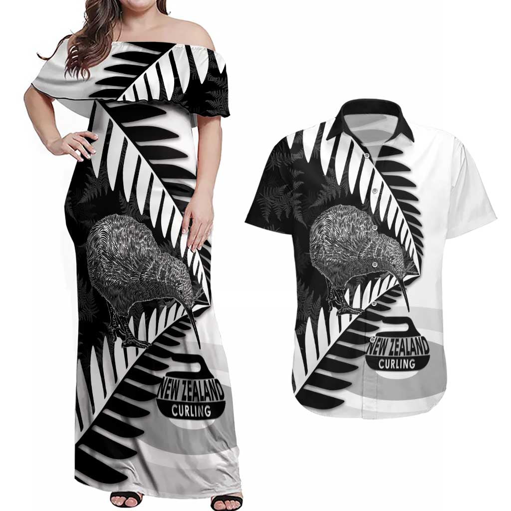 New Zealand Silver Fern Curling Personalised Couples Matching Off Shoulder Maxi Dress and Hawaiian Shirt Aotearoa Kiwi Ponga Black White Version - Polynesian Pride