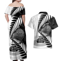 New Zealand Silver Fern Curling Personalised Couples Matching Off Shoulder Maxi Dress and Hawaiian Shirt Aotearoa Kiwi Ponga Black White Version - Polynesian Pride