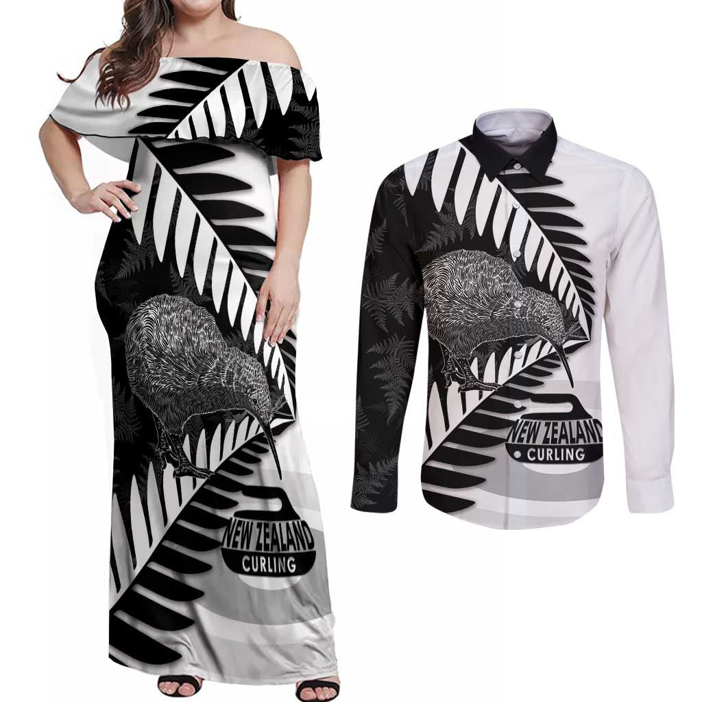 New Zealand Silver Fern Curling Personalised Couples Matching Off Shoulder Maxi Dress and Long Sleeve Button Shirt Aotearoa Kiwi Ponga Black White Version - Polynesian Pride