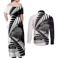New Zealand Silver Fern Curling Personalised Couples Matching Off Shoulder Maxi Dress and Long Sleeve Button Shirt Aotearoa Kiwi Ponga Black White Version - Polynesian Pride