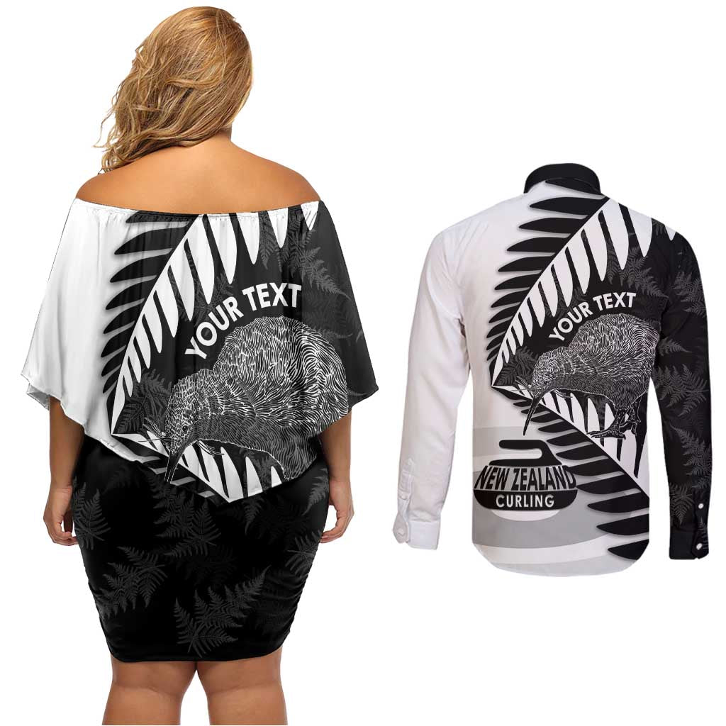 New Zealand Silver Fern Curling Personalised Couples Matching Off Shoulder Short Dress and Long Sleeve Button Shirt Aotearoa Kiwi Ponga Black White Version - Polynesian Pride