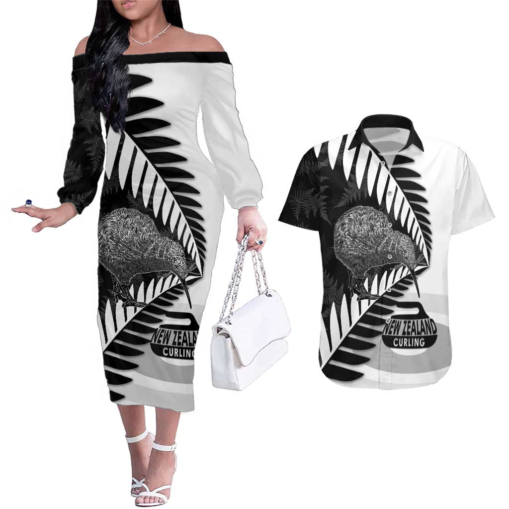 New Zealand Silver Fern Curling Personalised Couples Matching Off The Shoulder Long Sleeve Dress and Hawaiian Shirt Aotearoa Kiwi Ponga Black White Version - Polynesian Pride