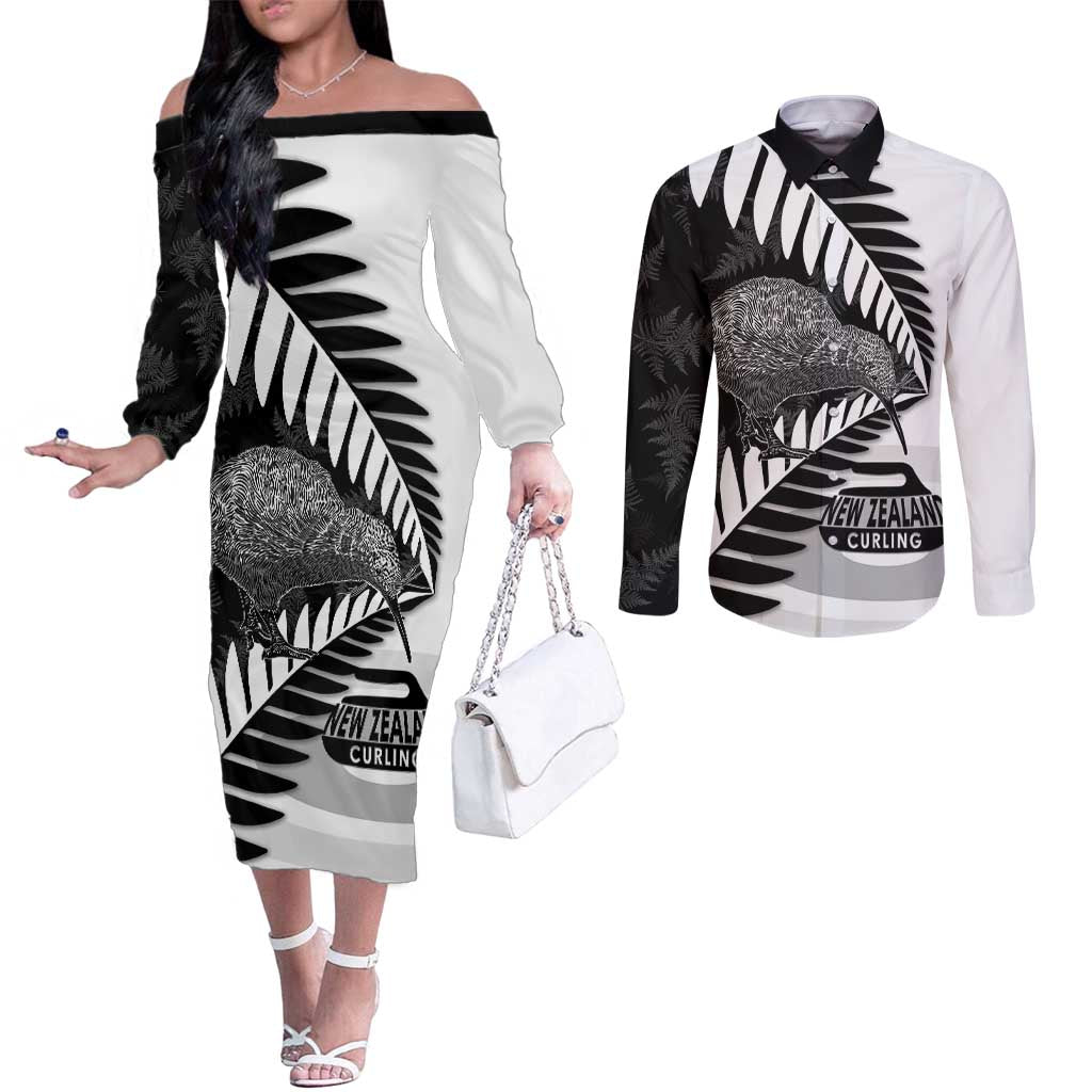 New Zealand Silver Fern Curling Personalised Couples Matching Off The Shoulder Long Sleeve Dress and Long Sleeve Button Shirt Aotearoa Kiwi Ponga Black White Version - Polynesian Pride