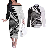 New Zealand Silver Fern Curling Personalised Couples Matching Off The Shoulder Long Sleeve Dress and Long Sleeve Button Shirt Aotearoa Kiwi Ponga Black White Version - Polynesian Pride