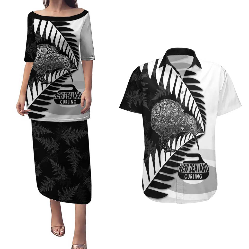 New Zealand Silver Fern Curling Personalised Couples Matching Puletasi and Hawaiian Shirt Aotearoa Kiwi Ponga Black White Version - Polynesian Pride
