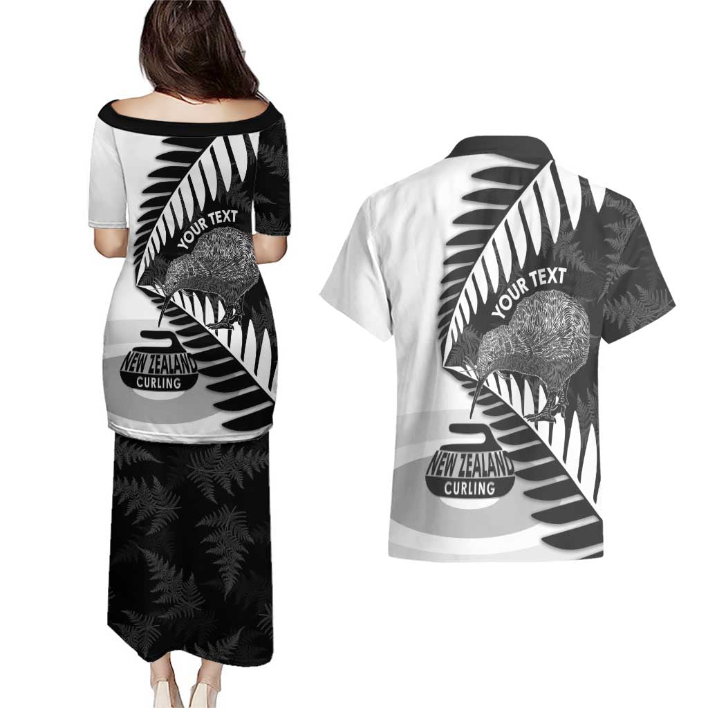 New Zealand Silver Fern Curling Personalised Couples Matching Puletasi and Hawaiian Shirt Aotearoa Kiwi Ponga Black White Version - Polynesian Pride