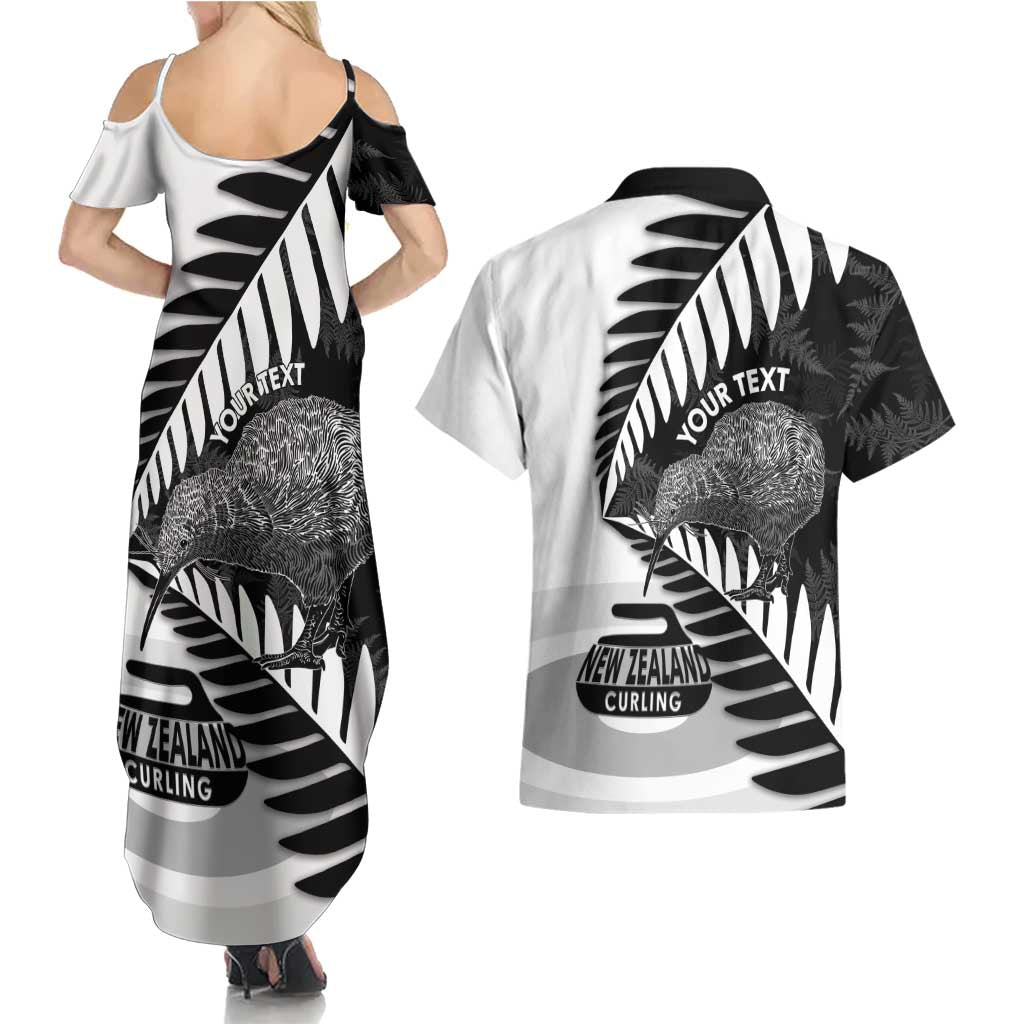 New Zealand Silver Fern Curling Personalised Couples Matching Summer Maxi Dress and Hawaiian Shirt Aotearoa Kiwi Ponga Black White Version - Polynesian Pride