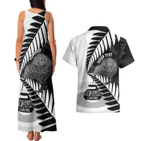 New Zealand Silver Fern Curling Personalised Couples Matching Tank Maxi Dress and Hawaiian Shirt Aotearoa Kiwi Ponga Black White Version - Polynesian Pride