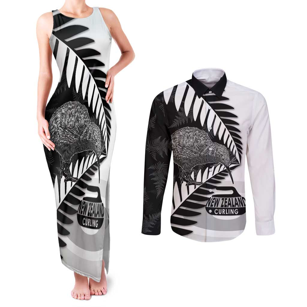 New Zealand Silver Fern Curling Personalised Couples Matching Tank Maxi Dress and Long Sleeve Button Shirt Aotearoa Kiwi Ponga Black White Version - Polynesian Pride