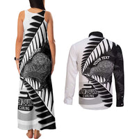 New Zealand Silver Fern Curling Personalised Couples Matching Tank Maxi Dress and Long Sleeve Button Shirt Aotearoa Kiwi Ponga Black White Version - Polynesian Pride