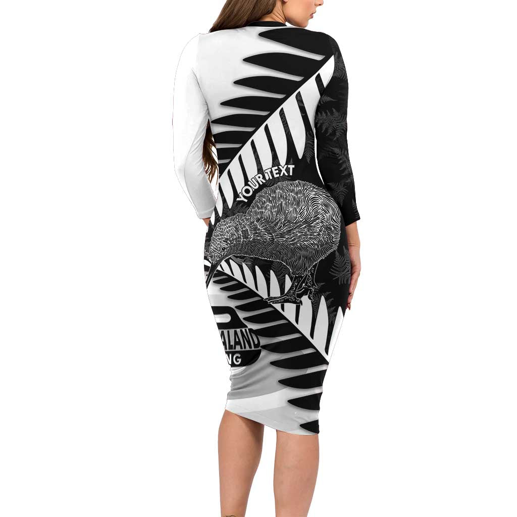 New Zealand Silver Fern Curling Personalised Family Matching Long Sleeve Bodycon Dress and Hawaiian Shirt Aotearoa Kiwi Ponga Black White Version - Polynesian Pride