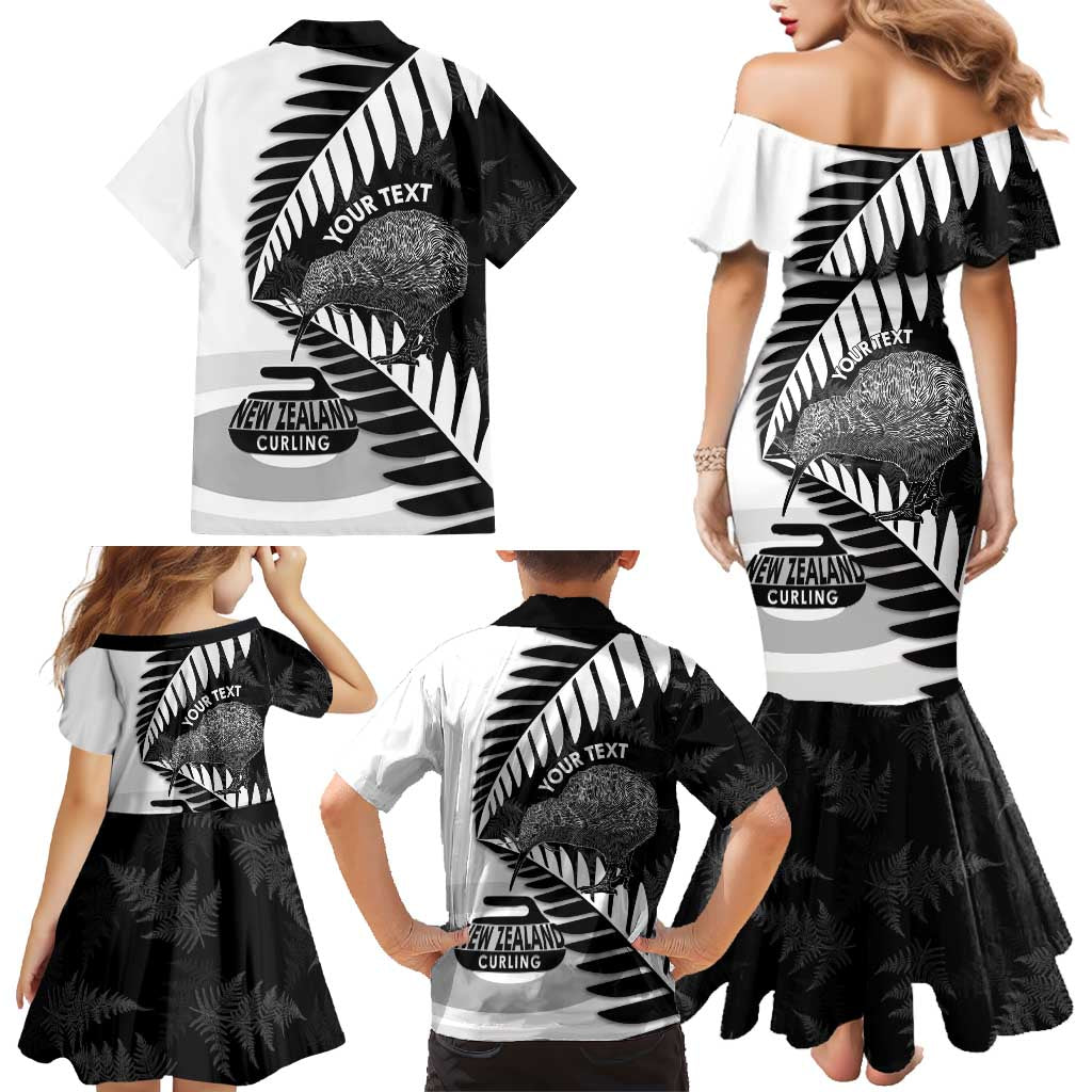 New Zealand Silver Fern Curling Personalised Family Matching Mermaid Dress and Hawaiian Shirt Aotearoa Kiwi Ponga Black White Version - Polynesian Pride