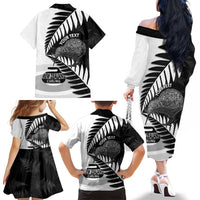 New Zealand Silver Fern Curling Personalised Family Matching Off The Shoulder Long Sleeve Dress and Hawaiian Shirt Aotearoa Kiwi Ponga Black White Version - Polynesian Pride