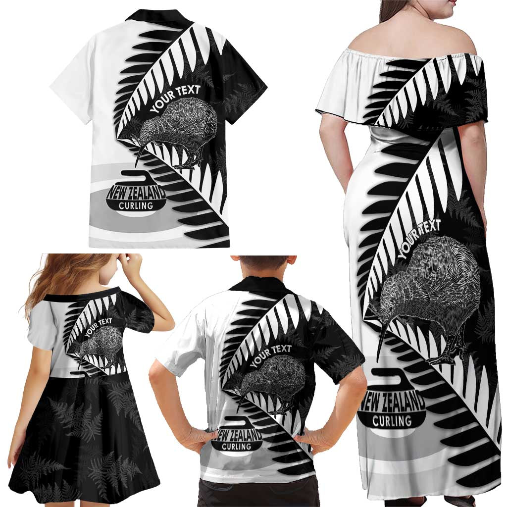 New Zealand Silver Fern Curling Personalised Family Matching Off Shoulder Maxi Dress and Hawaiian Shirt Aotearoa Kiwi Ponga Black White Version - Polynesian Pride