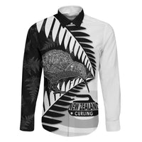 New Zealand Silver Fern Curling Personalised Family Matching Off Shoulder Maxi Dress and Hawaiian Shirt Aotearoa Kiwi Ponga Black White Version - Polynesian Pride