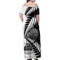 New Zealand Silver Fern Curling Personalised Family Matching Off Shoulder Maxi Dress and Hawaiian Shirt Aotearoa Kiwi Ponga Black White Version - Polynesian Pride
