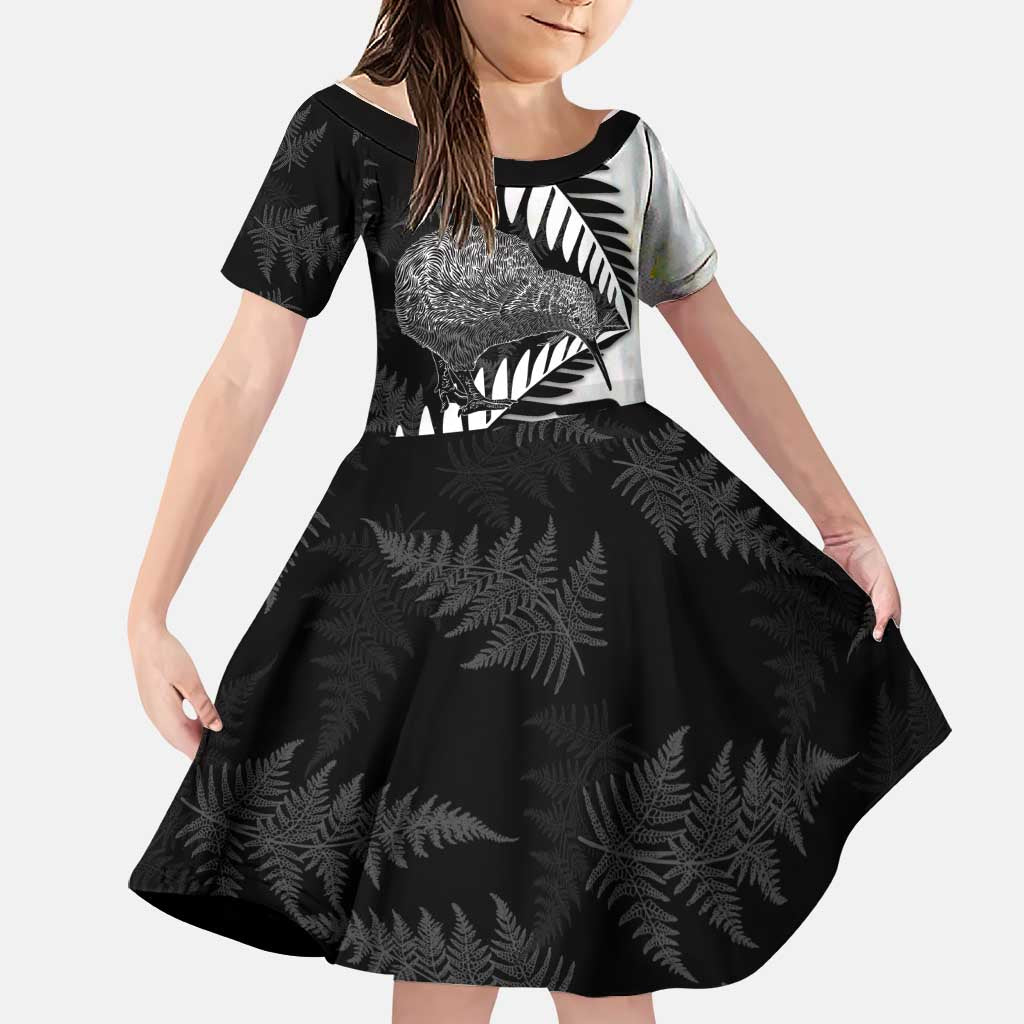 New Zealand Silver Fern Curling Personalised Family Matching Off Shoulder Short Dress and Hawaiian Shirt Aotearoa Kiwi Ponga Black White Version - Polynesian Pride